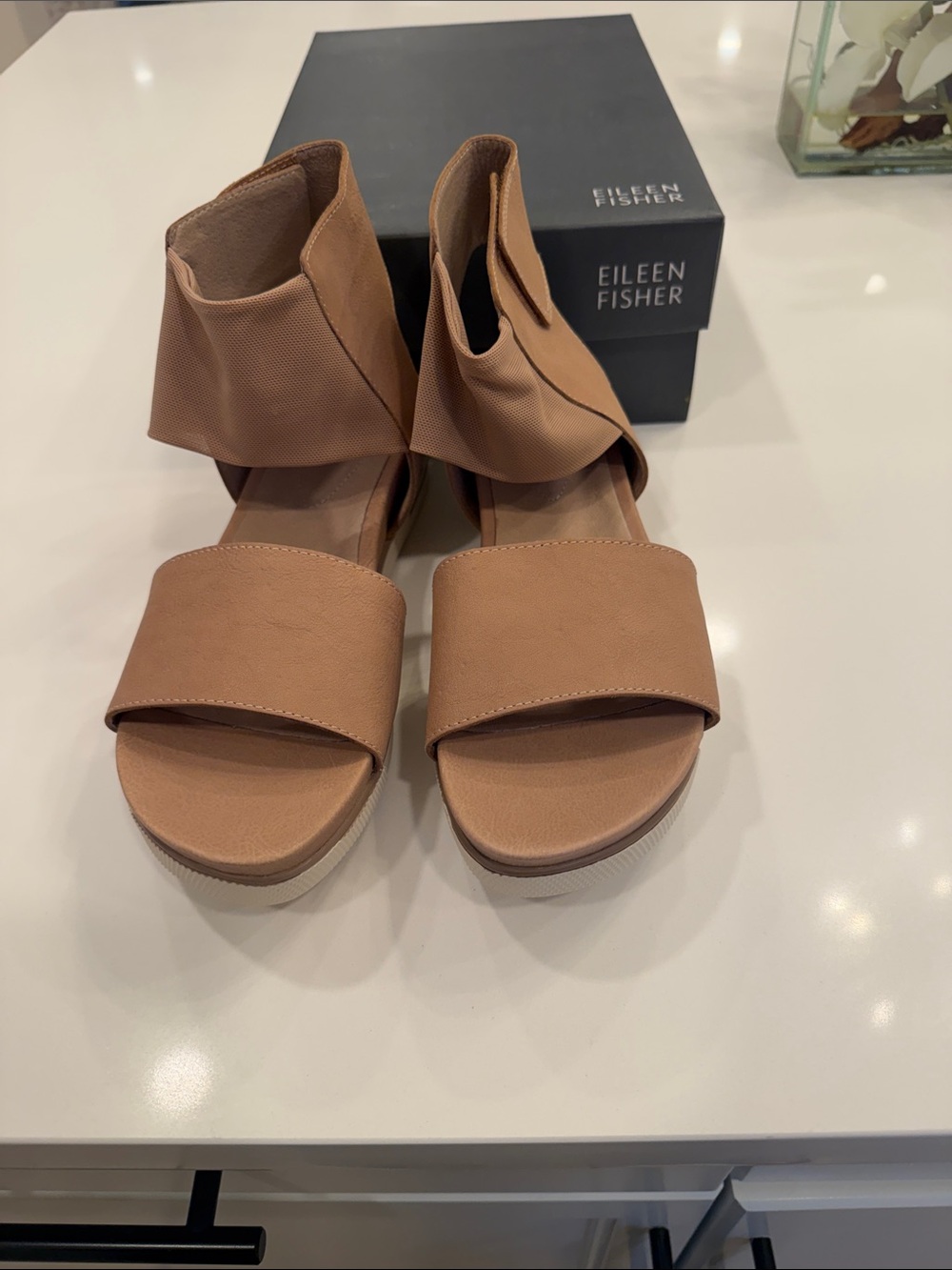 Eileen Fisher Tan Leather Ankle-Wrap Sandals